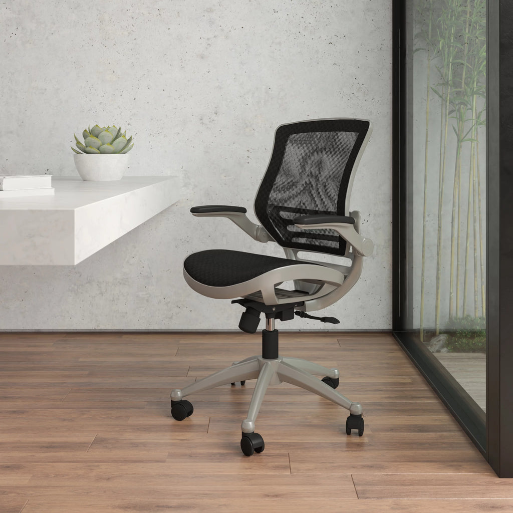 Mid-Back Transparent Black Mesh Executive Swivel Office Chair with Flip-Up Arms J16744