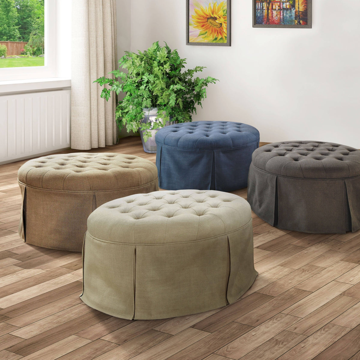 Blue Tufted Round Fabric Ottoman J273