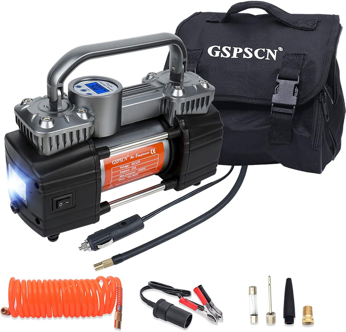 Portable Digital Car Tire Inflator 150Psi Auto Shut-Off Double Cylinders 12V Air Compressor Pump with LED Light (RED) C6895