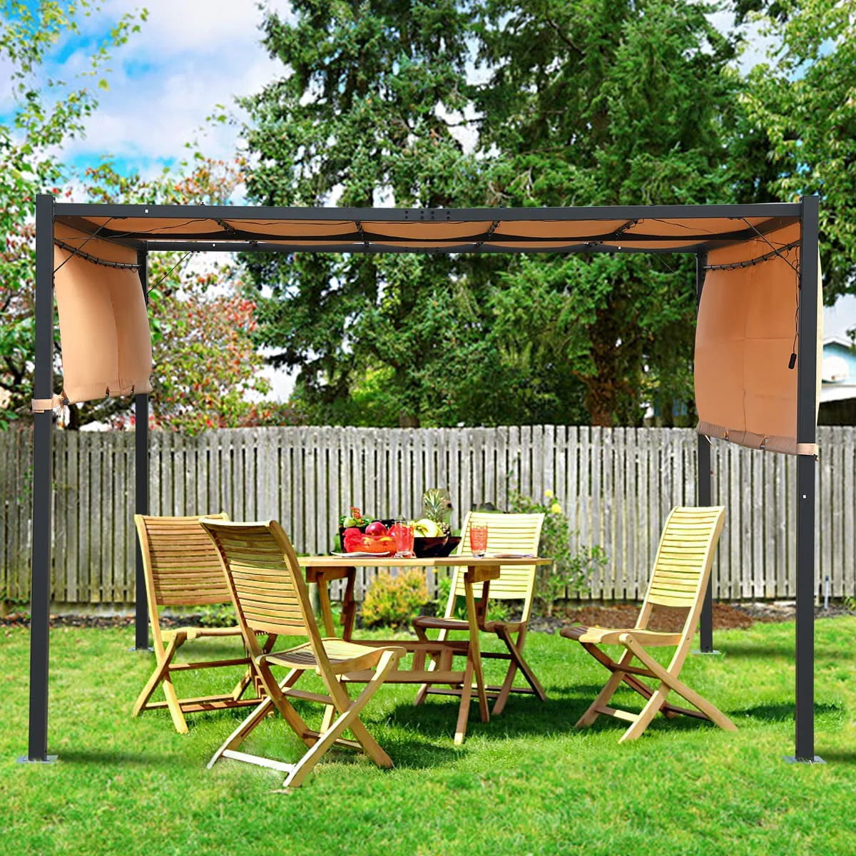 10x10 Retractable Steel Frame Pergola with Solar Powered Led Kit (Tan) R381