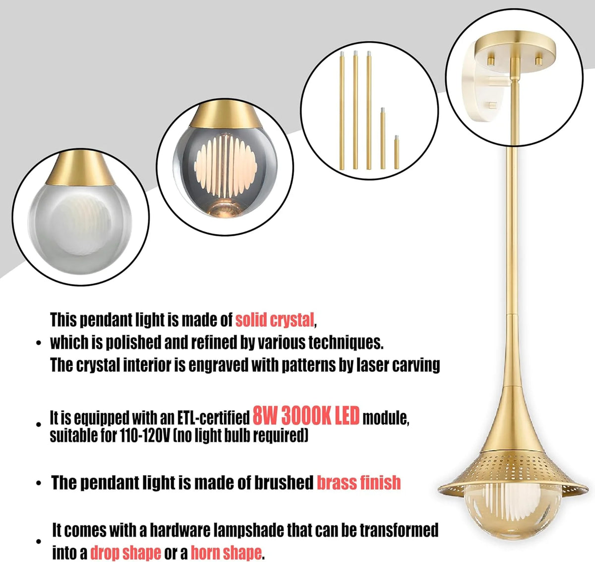 Gold Crystal Pendant Lights with Shade I339347