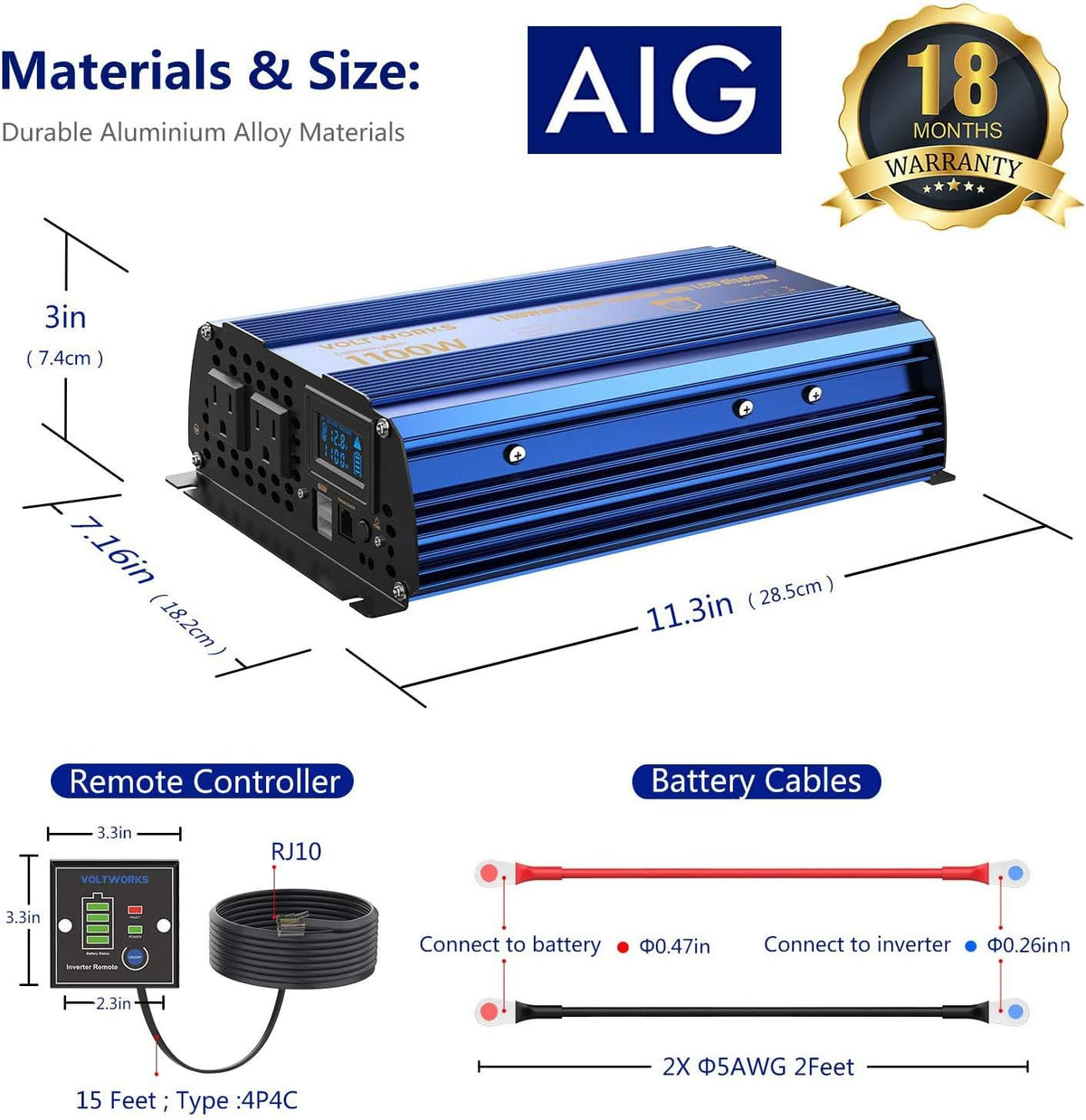1100 watt Modified Sine Wave Power Inverter with LCD Display Remote Control 2AC Outlets Dual USB Ports P8435