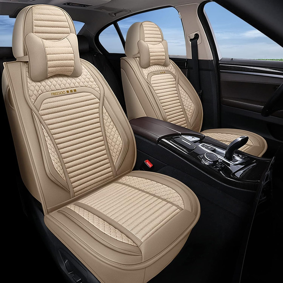 Beige Leather Linen Full Set Car Seat Covers X92130