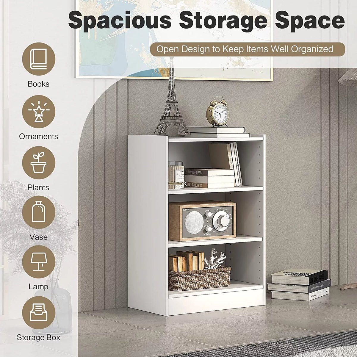 3-Tier Open Bookcase with Adjustable Shelves D847