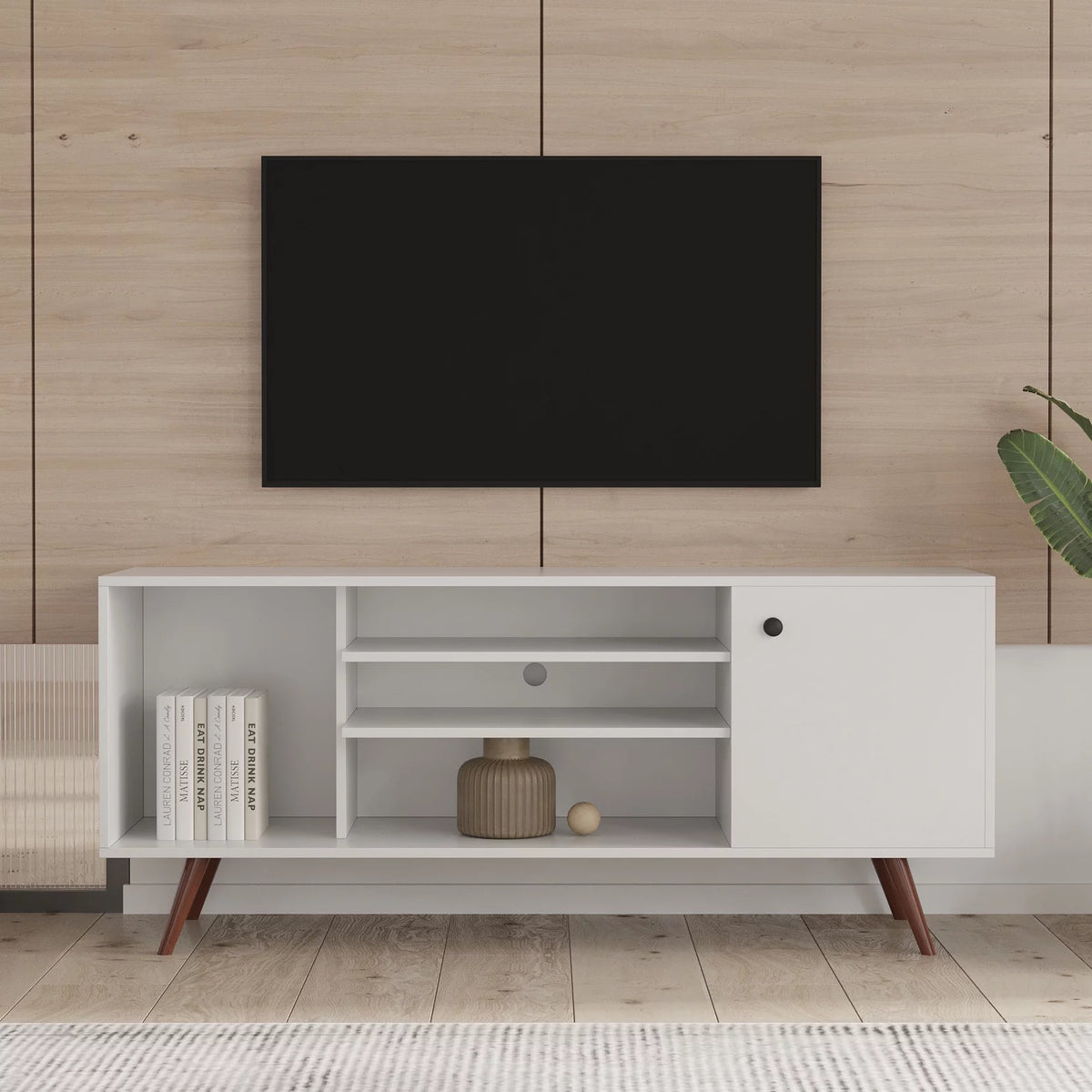 White Particle Board TV Stand with Storage and 2 Shelves F82002