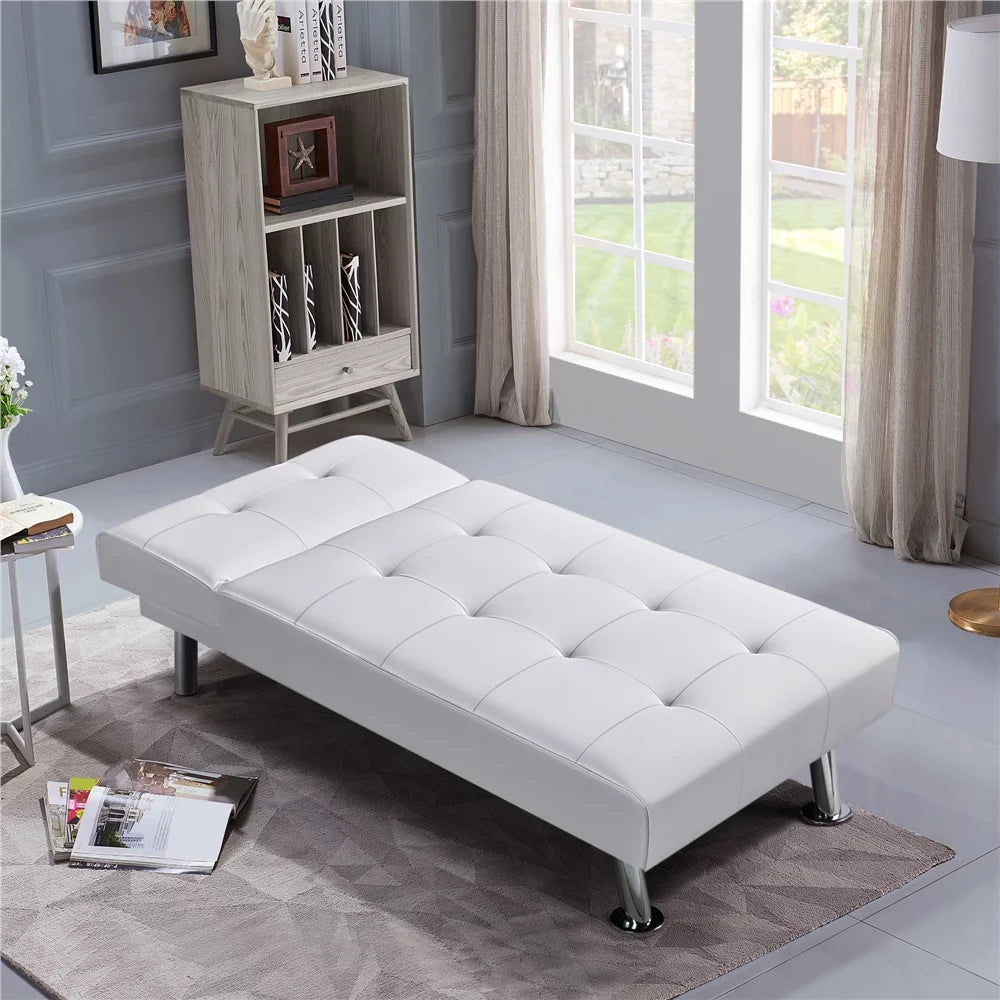 White Faux Leather Convertible Futon Chaise Lounge E984545