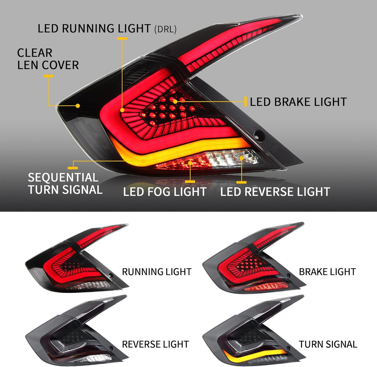 LED Clear Taillights Assembly for 2016-2020 Honda Civic Sedan, Set L71014