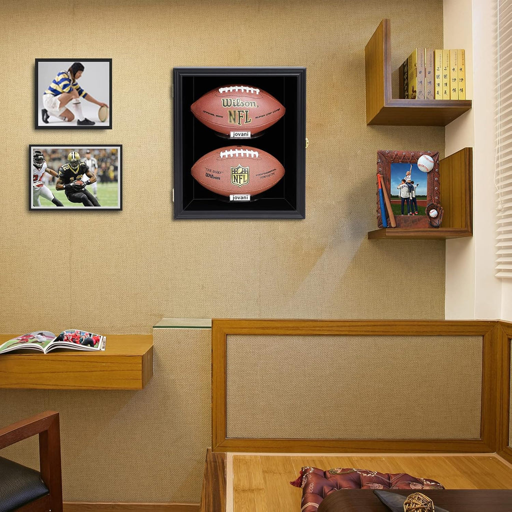 2 Football Display Case Wall Mount Lockable Wood with UV Acrylic Door R4235