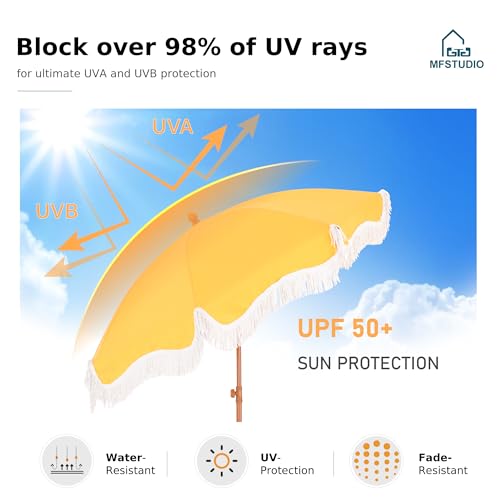 7ft Beach Umbrella with Fringe, UPF50+, Carry Bag L898