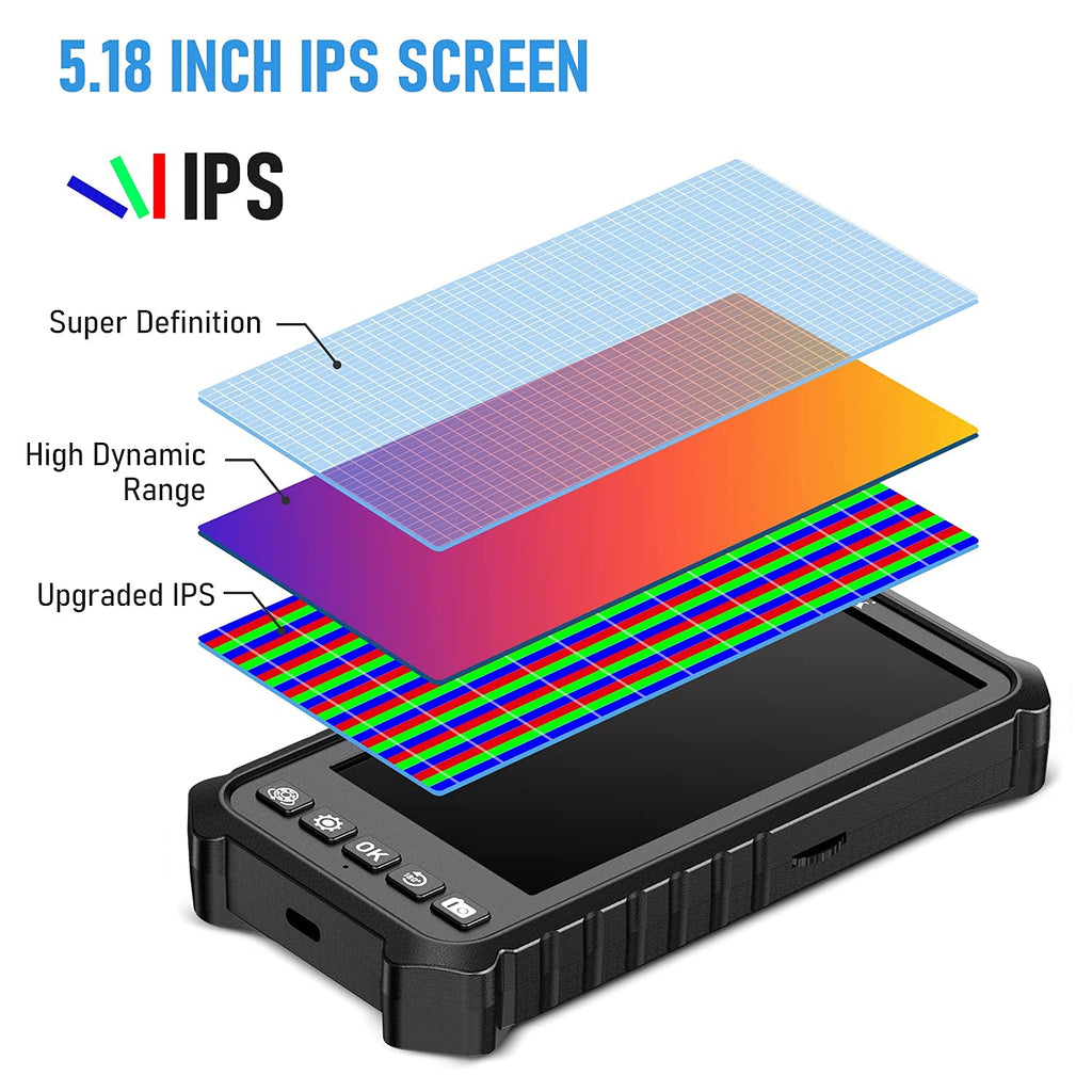 Dual Lens Endoscope Camera 1080P 5.18 IPS Screen 5mm IP67 Waterproof with 7 LED Lights 32GB Card 16.5FT Y136