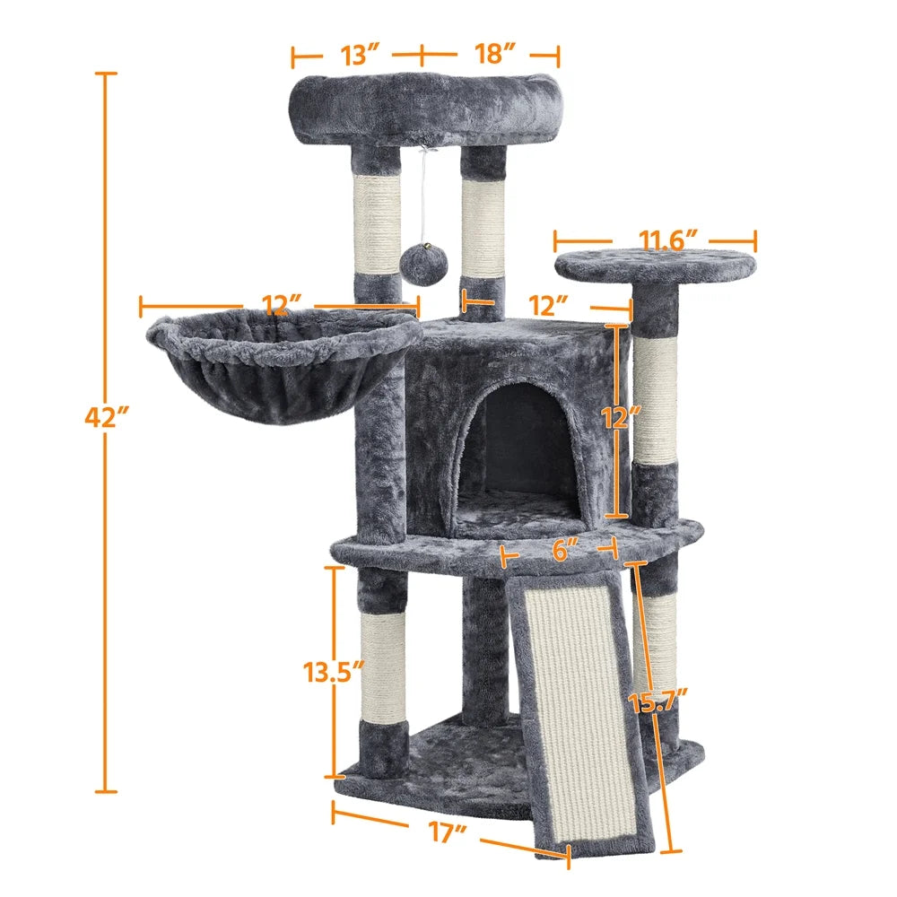 42"H Multilevel Cat Tree Tower with Condo and Perches, Dark Gray O48602
