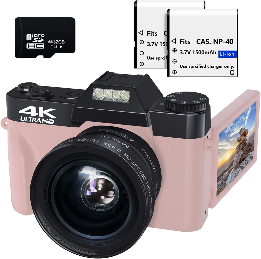 48MP 16X Digital Zoom Flip Screen Autofocus Camcorder with Wide-Angle Lens and Macro Lens, 32G Micro Card, 2 Batteries (Pink) B69828