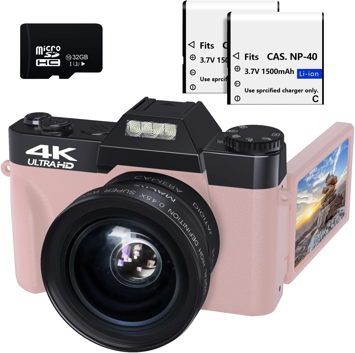 48MP 16X Digital Zoom Flip Screen Autofocus Camcorder with Wide-Angle Lens and Macro Lens, 32G Micro Card, 2 Batteries (Pink) B69828