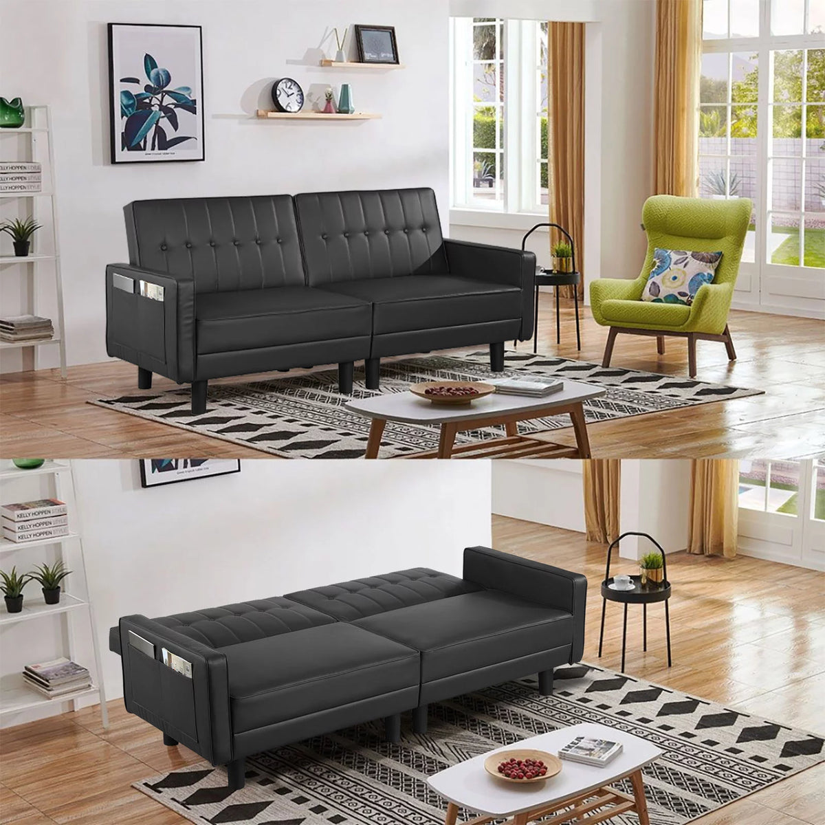 Black Faux Leather Convertible Futon Sofa Bed H5324
