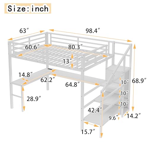 Queen Size Metal Loft Bed with LED Lights & USB Ports, White J9991