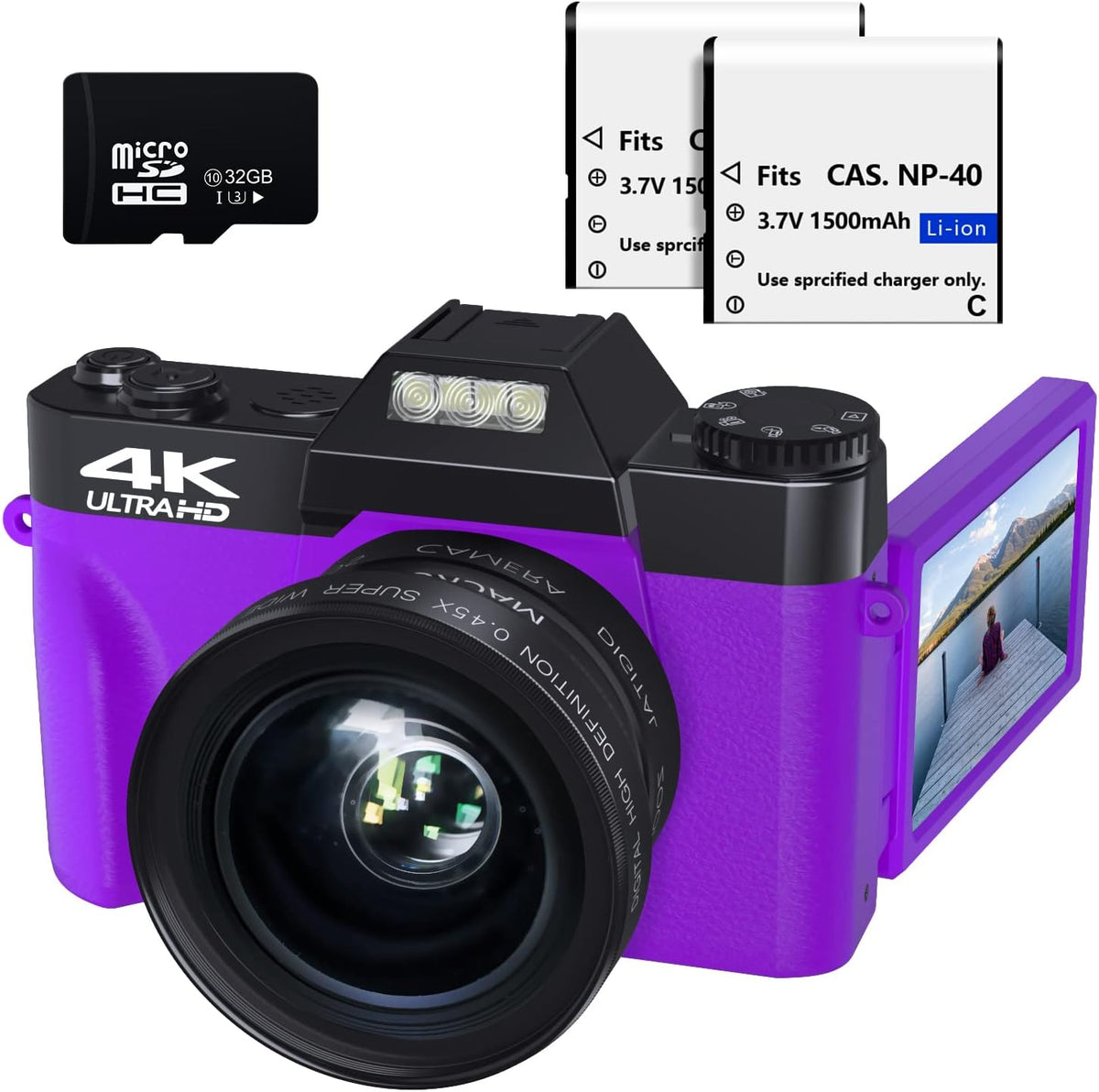 48MP 16X Digital Zoom Flip Screen Autofocus Camcorder with Wide-Angle Lens and Macro Lens, 32G Micro Card, 2 Batteries (Pink) B69828