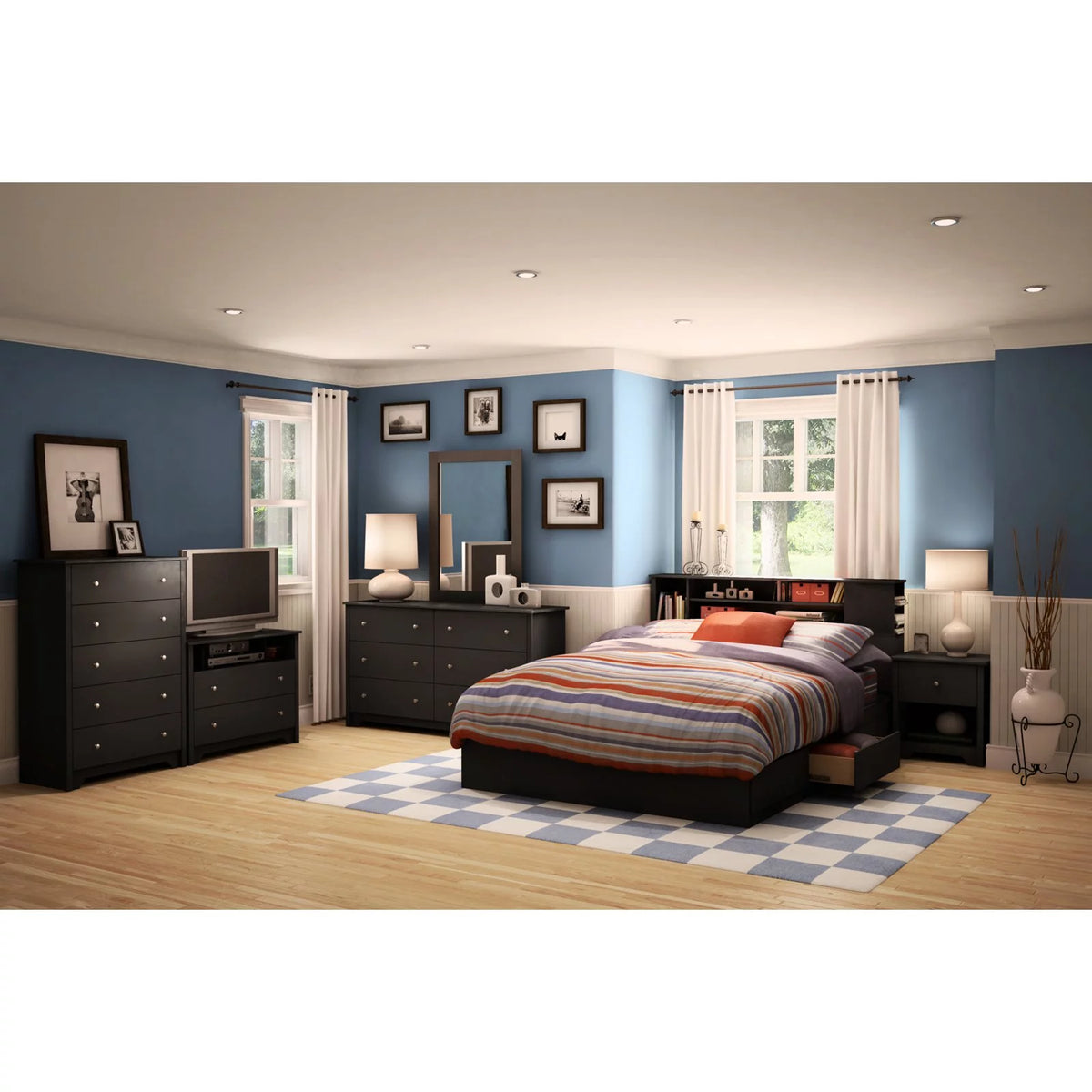 Queen Bed with Drawers and Bookcase Headboard Set S618078