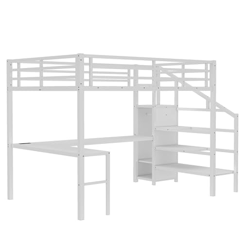 Queen Size Metal Loft Bed with LED Lights & USB Ports, White J9991