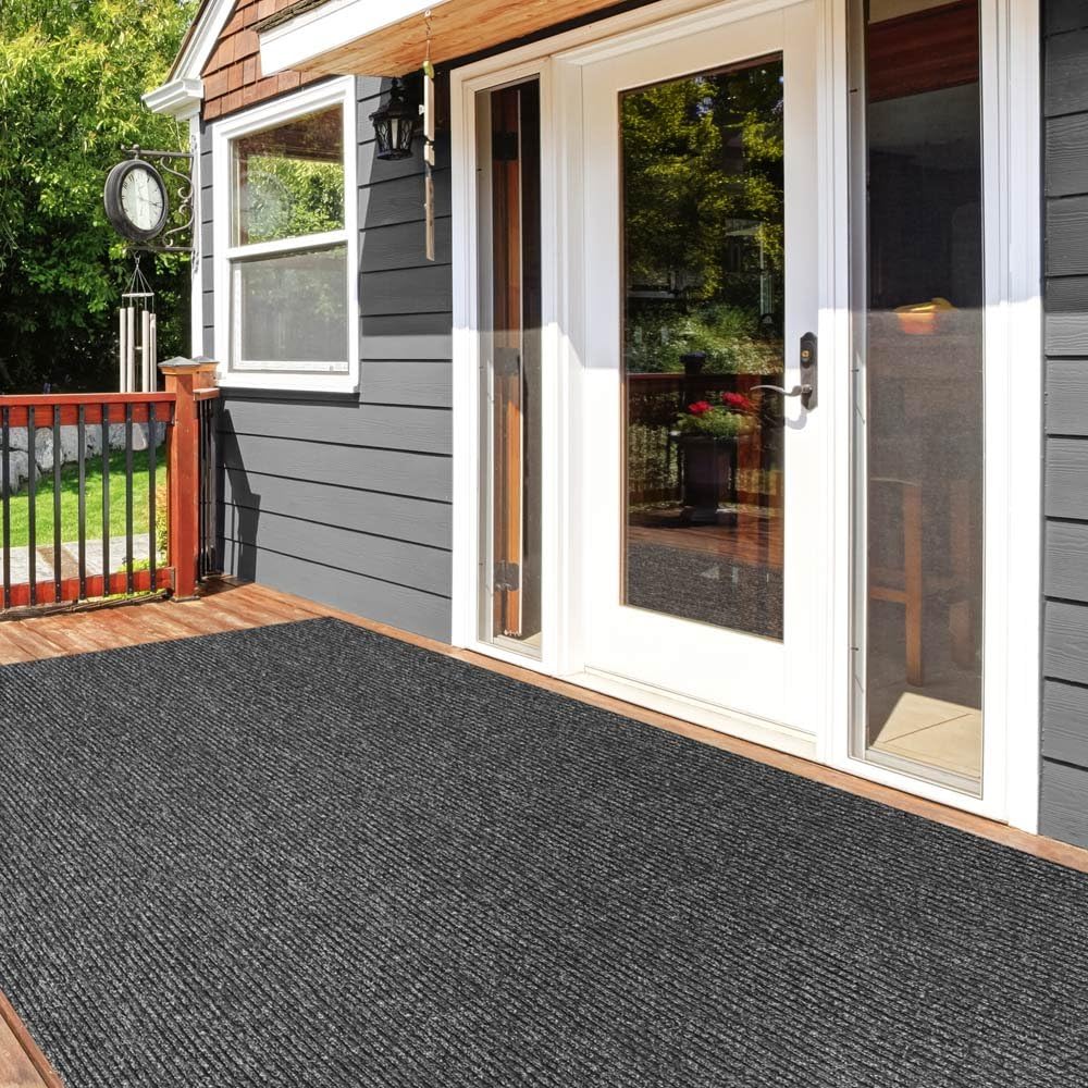 Heavy-Duty Ribbed Indoor Outdoor Carpet with Rubber Marine Backing - Charcoal Black - 6 Feet X 15 Feet Q4300