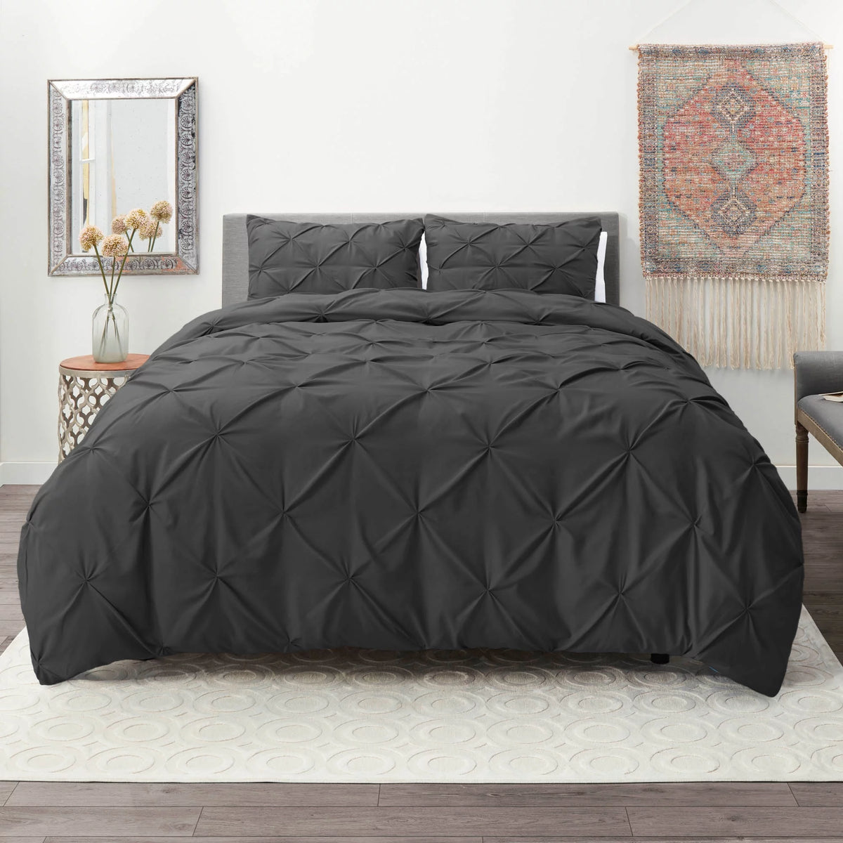 3 Piece Pinch Pleated Microfiber Duvet Cover Set Queen Gray U95170