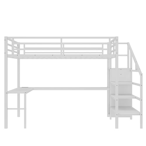 Queen Size Metal Loft Bed with LED Lights & USB Ports, White J9991