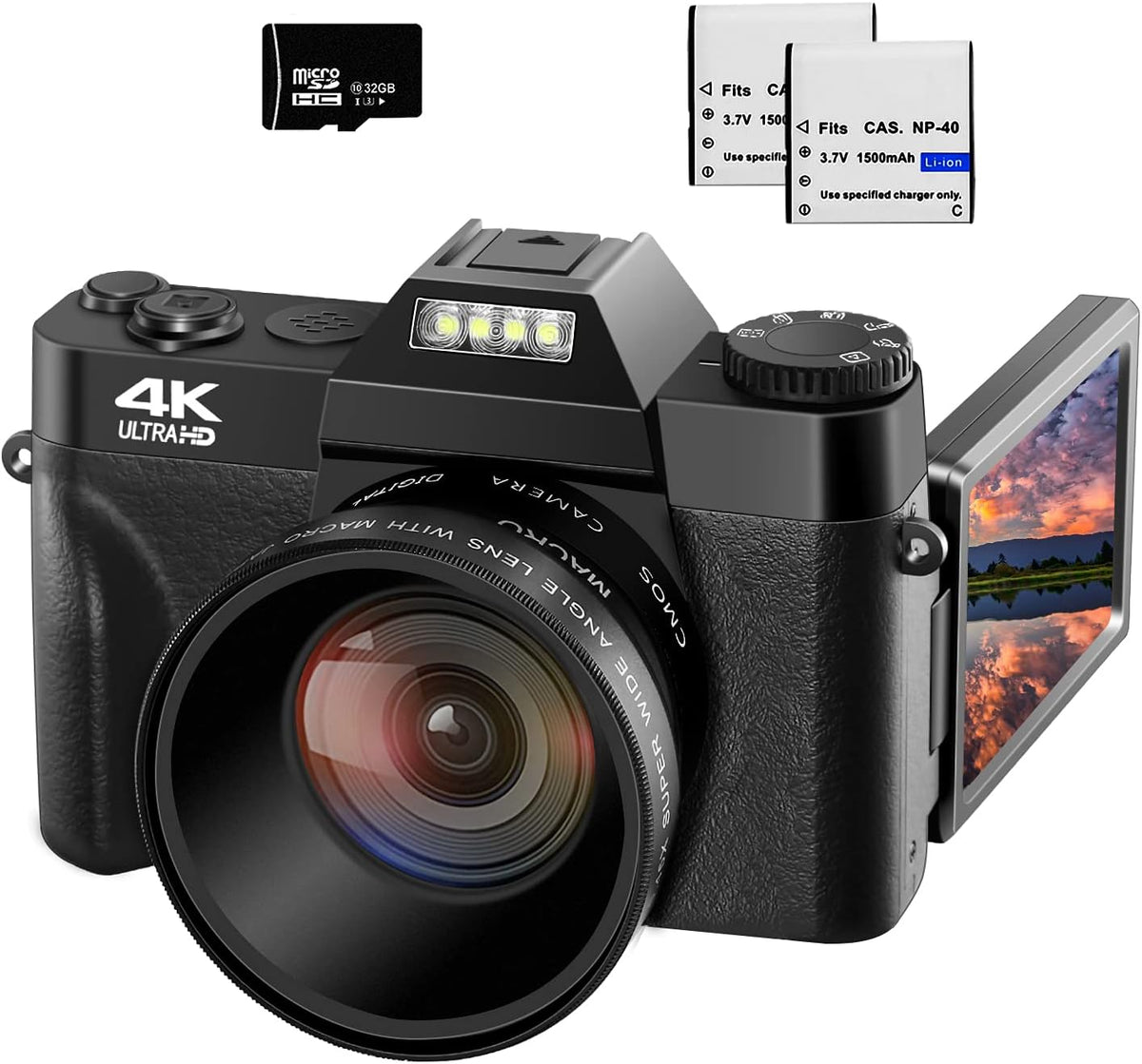 48MP 16X Digital Zoom Flip Screen Autofocus Camcorder with Wide-Angle Lens and Macro Lens, 32G Micro Card, 2 Batteries (Pink) B69828