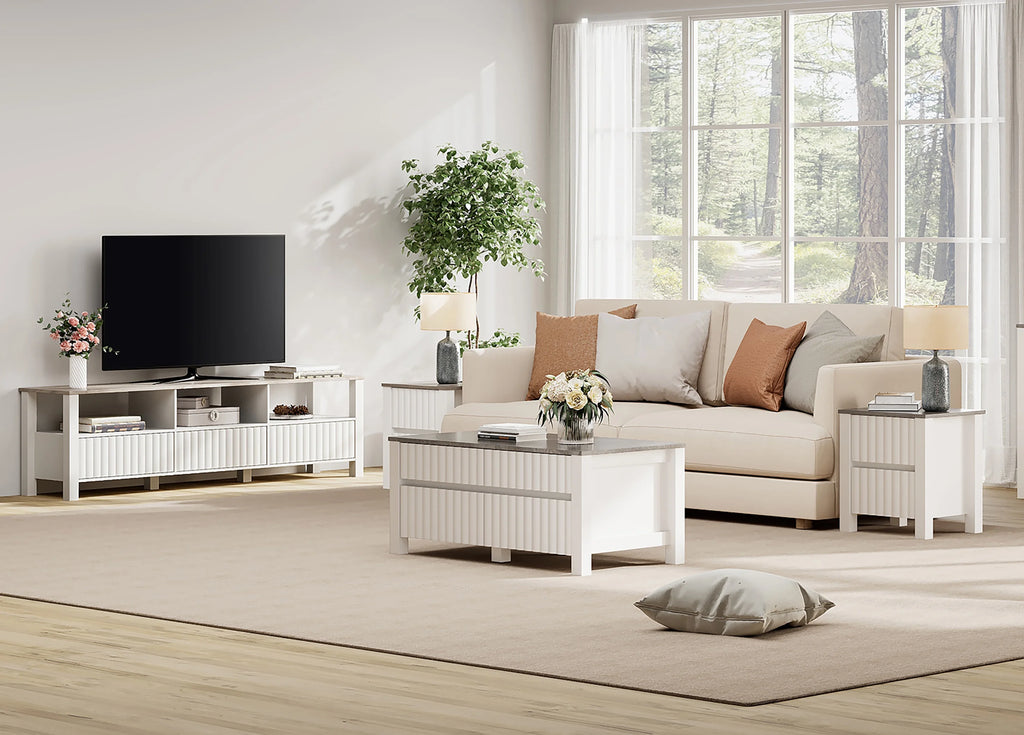 White 4 Piece Living Room Table Set with Storage Drawers and Charging Station Y9247