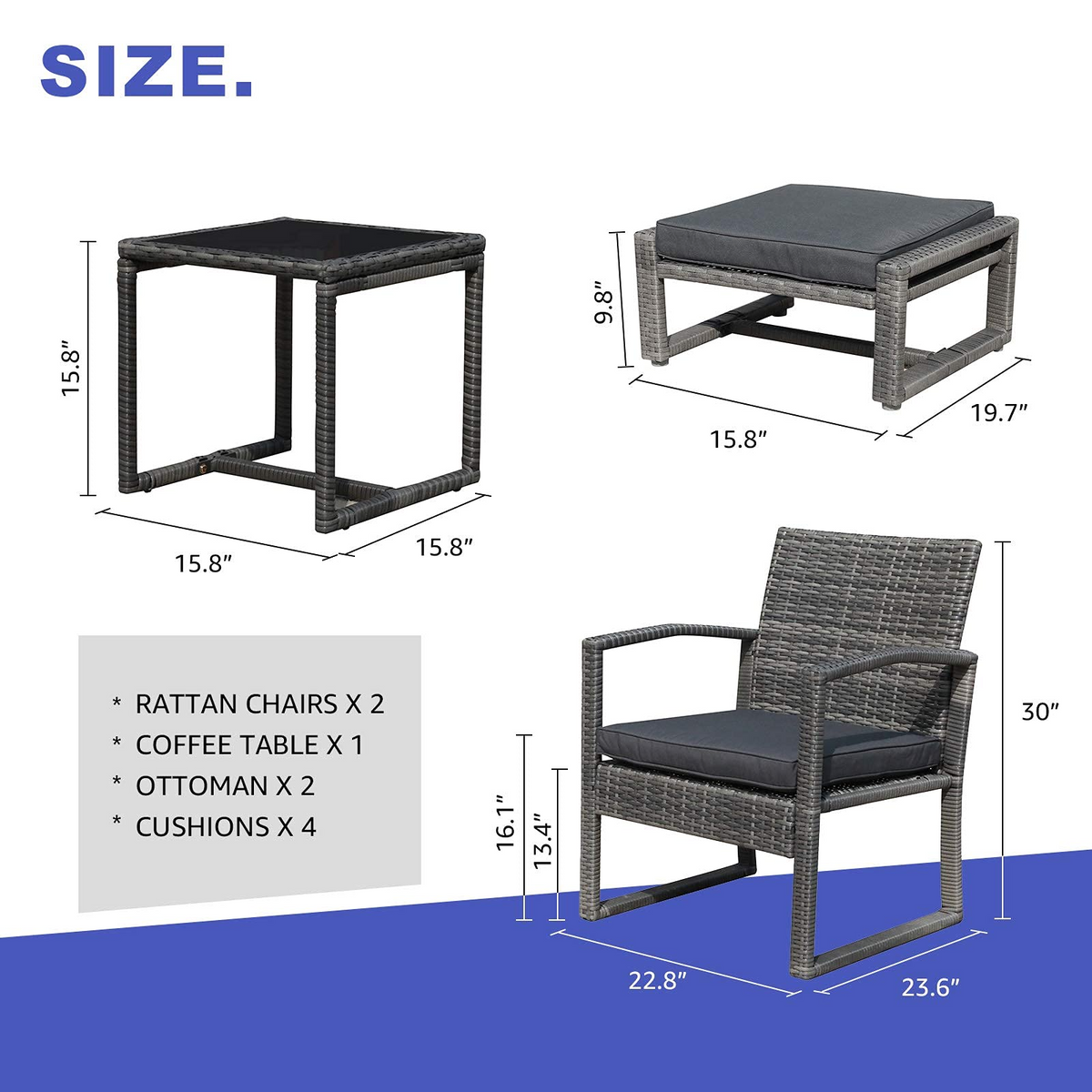5 Piece Outdoor Patio Wicker Furniture Set with Ottomans Dark Grey G443613