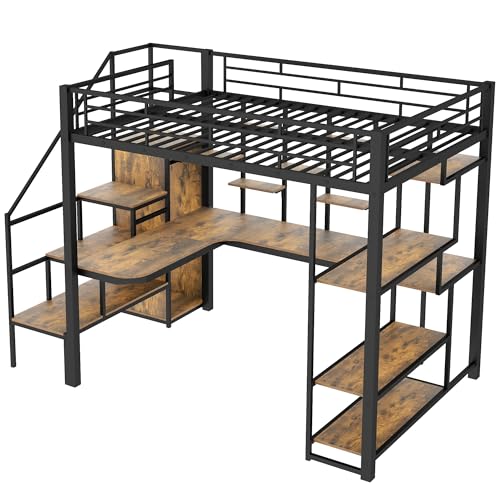 White Full Size Metal Loft Bed with Storage Staircase and Wardrobe K654