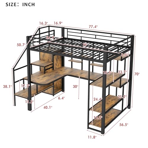 White Full Size Metal Loft Bed with Storage Staircase and Wardrobe K654