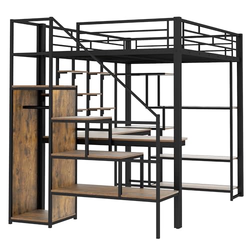 White Full Size Metal Loft Bed with Storage Staircase and Wardrobe K654