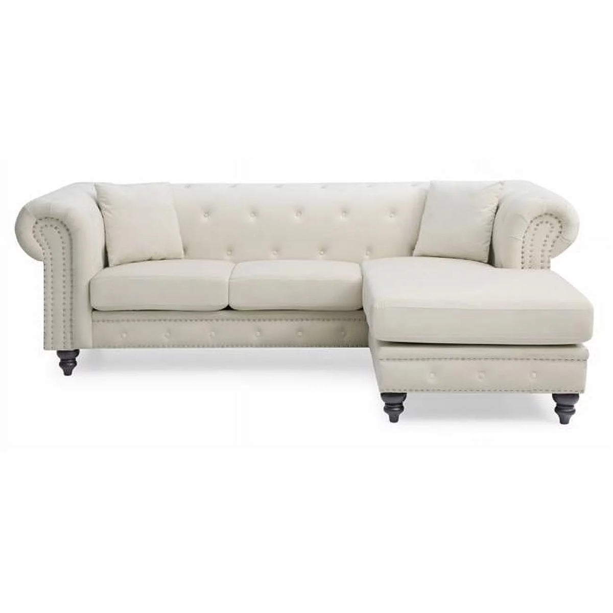 Ivory Velvet 3-Seater Sofa with 2 Throw Pillows R62440