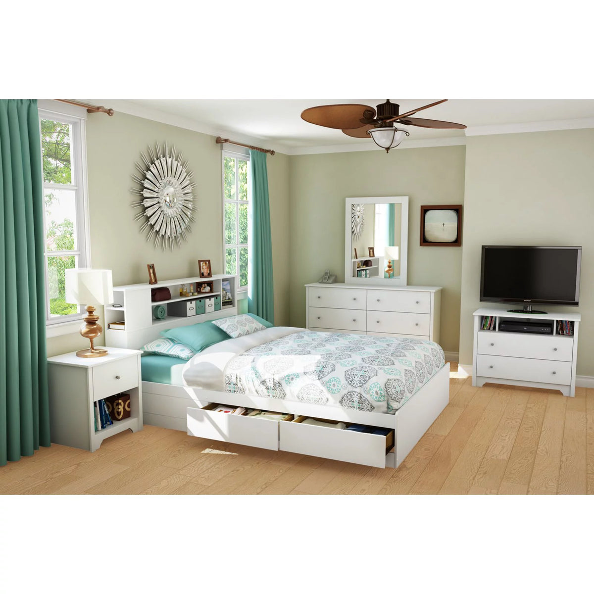 Queen Bed with Drawers and Bookcase Headboard Set S618078