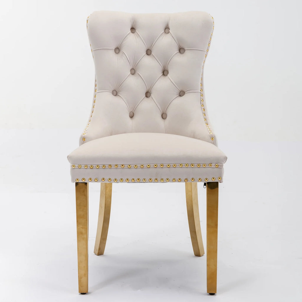 Beige Velvet Dining Chair Set of 2 with Gold Legs E914484