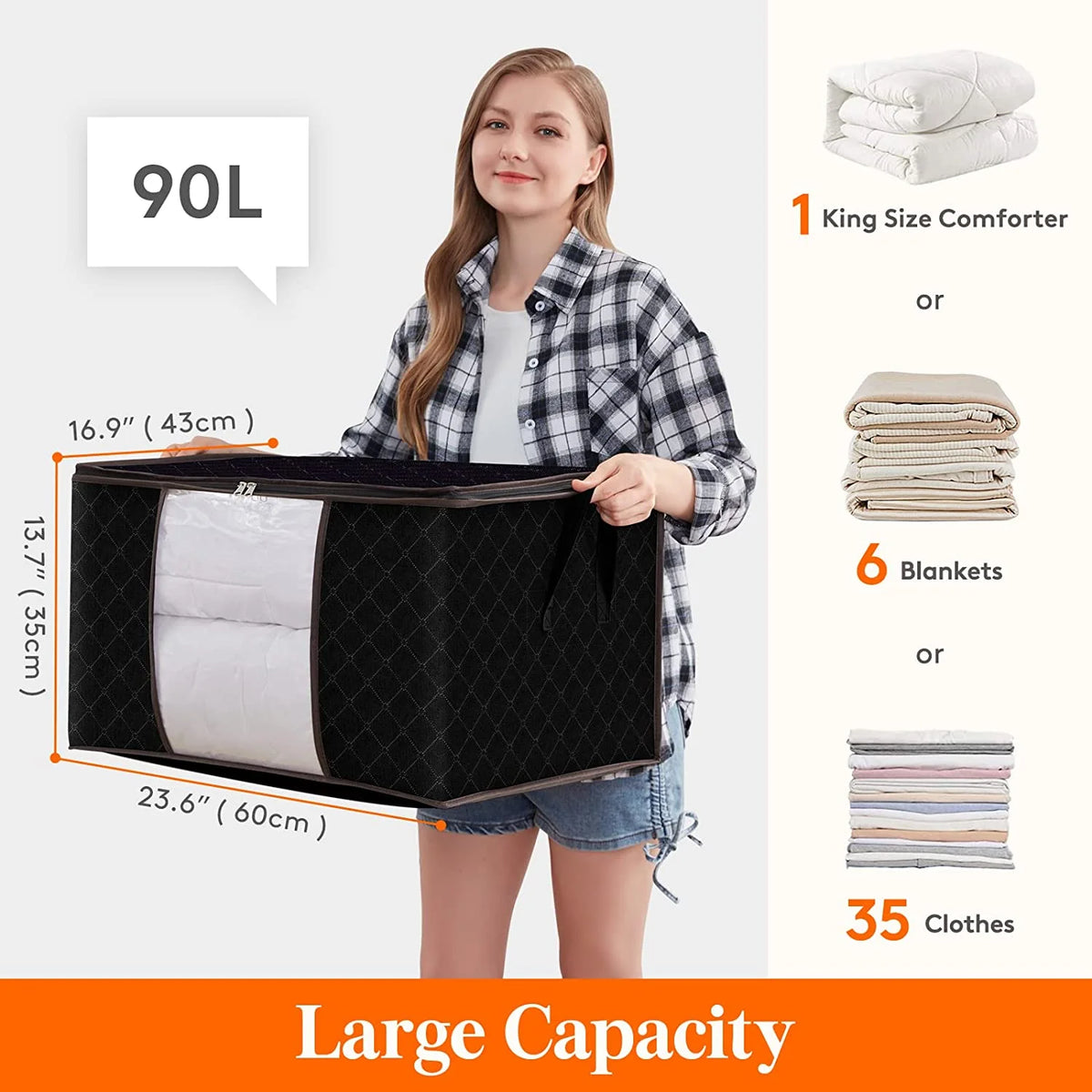 3 Pack 90L Black Clothes Storage Bag with Sturdy Zipper M9527