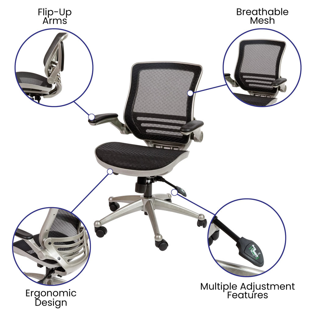 Mid-Back Transparent Black Mesh Executive Swivel Office Chair with Flip-Up Arms J16744