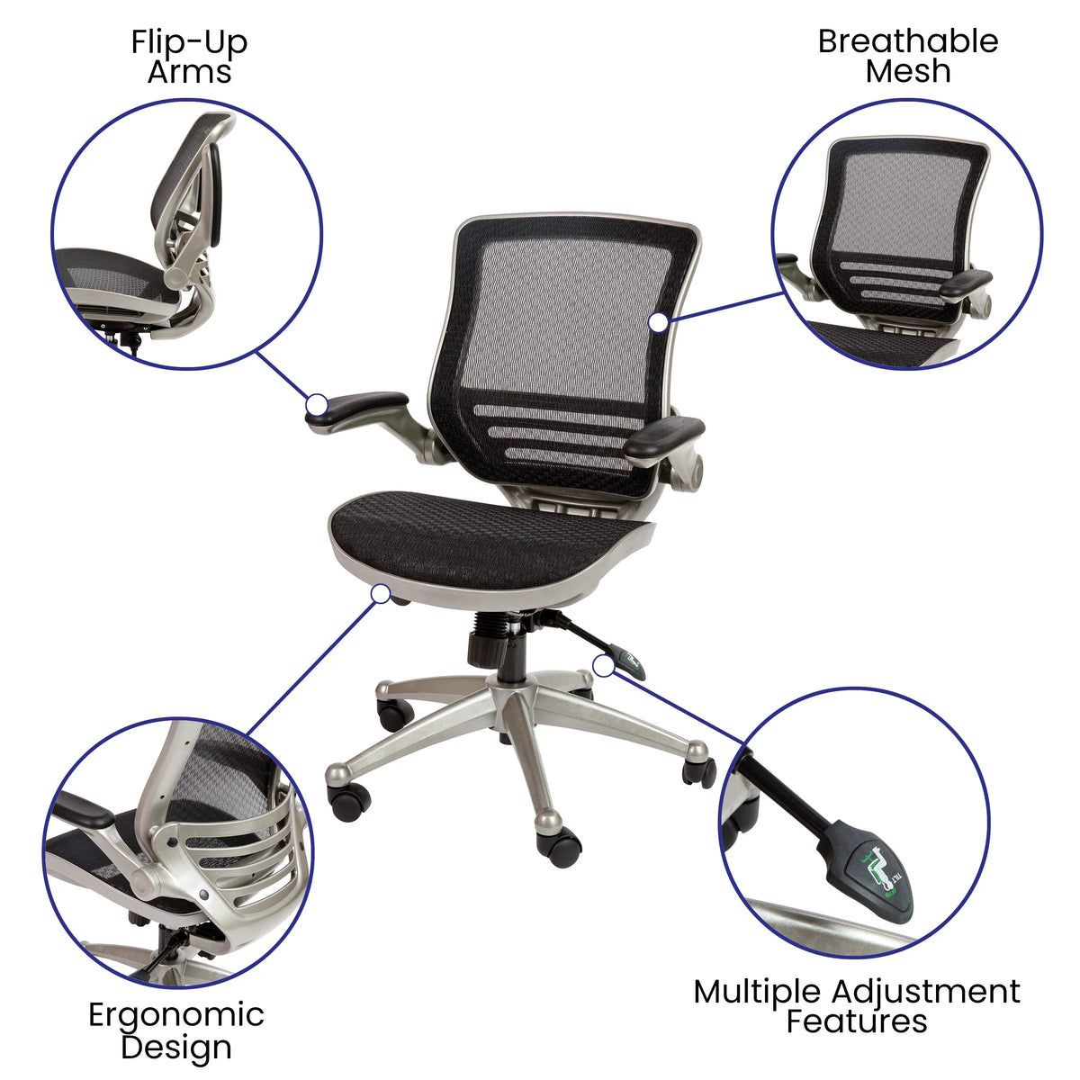 Mid-Back Transparent Black Mesh Executive Swivel Office Chair with Flip-Up Arms J16744