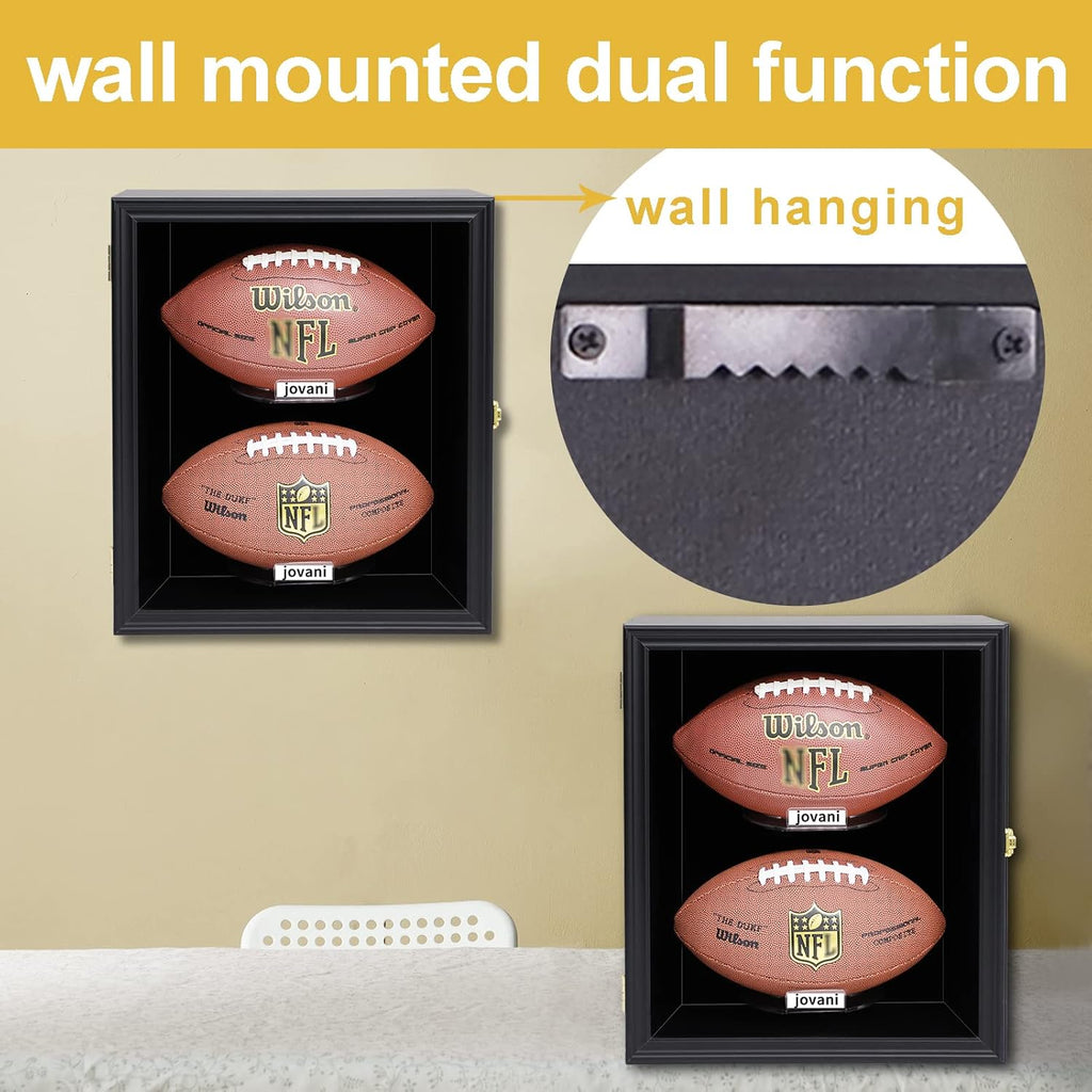 2 Football Display Case Wall Mount Lockable Wood with UV Acrylic Door R4235