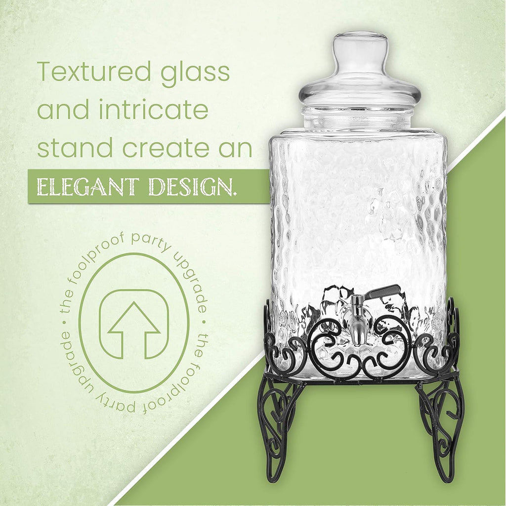2.5 Gallon Glass Beverage Dispenser with Stainless Steel Spigot on Metal Stand and Drip Tray, Pack of 2 R58931