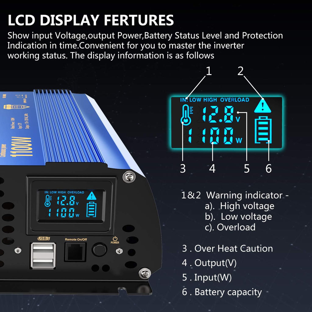 1100 watt Modified Sine Wave Power Inverter with LCD Display Remote Control 2AC Outlets Dual USB Ports P8435