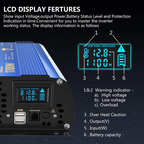 1100 watt Modified Sine Wave Power Inverter with LCD Display Remote Control 2AC Outlets Dual USB Ports P8435