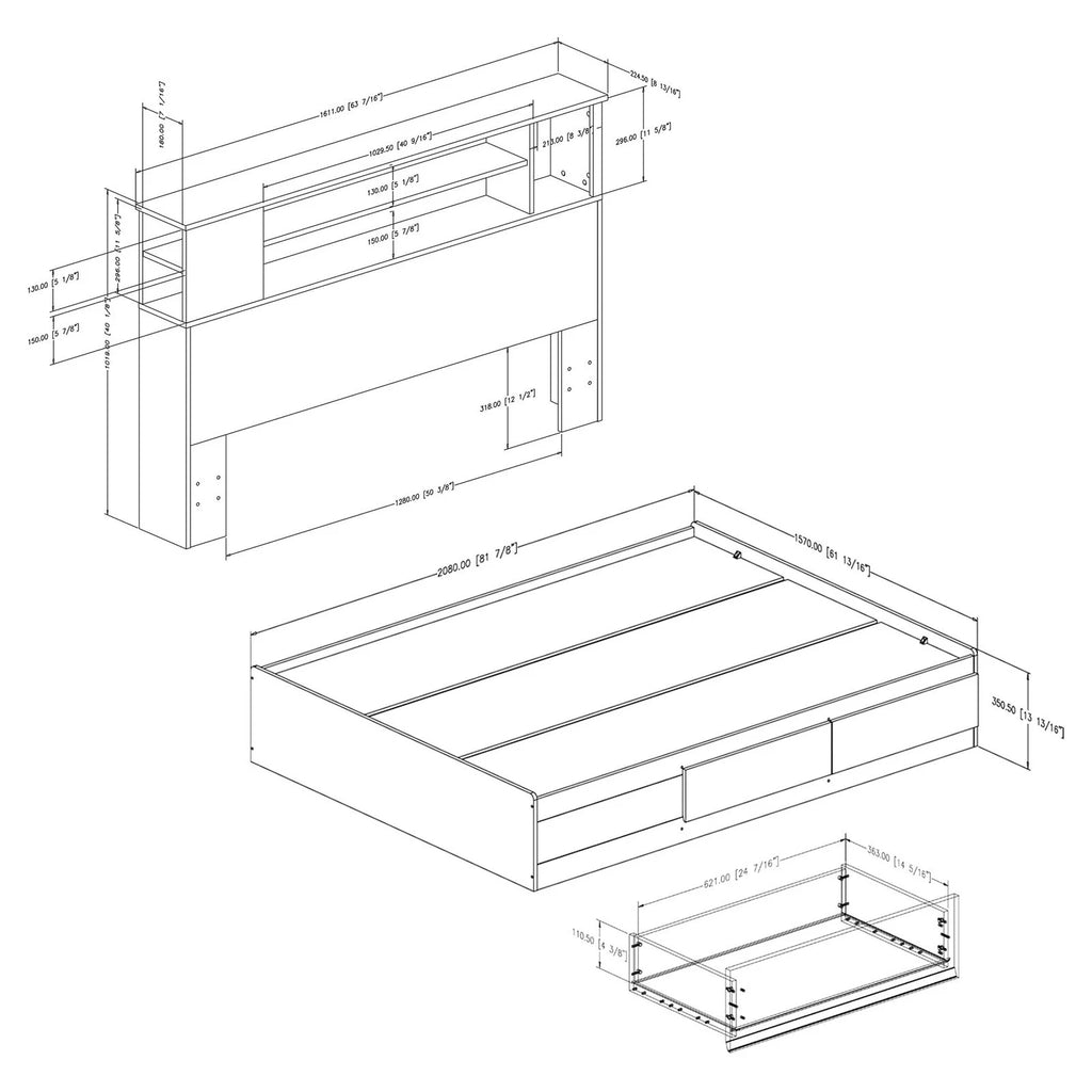 Queen Bed with Drawers and Bookcase Headboard Set S618078