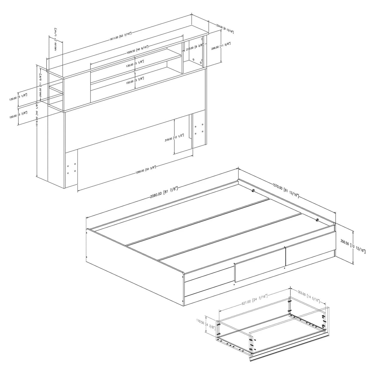 Queen Bed with Drawers and Bookcase Headboard Set S618078