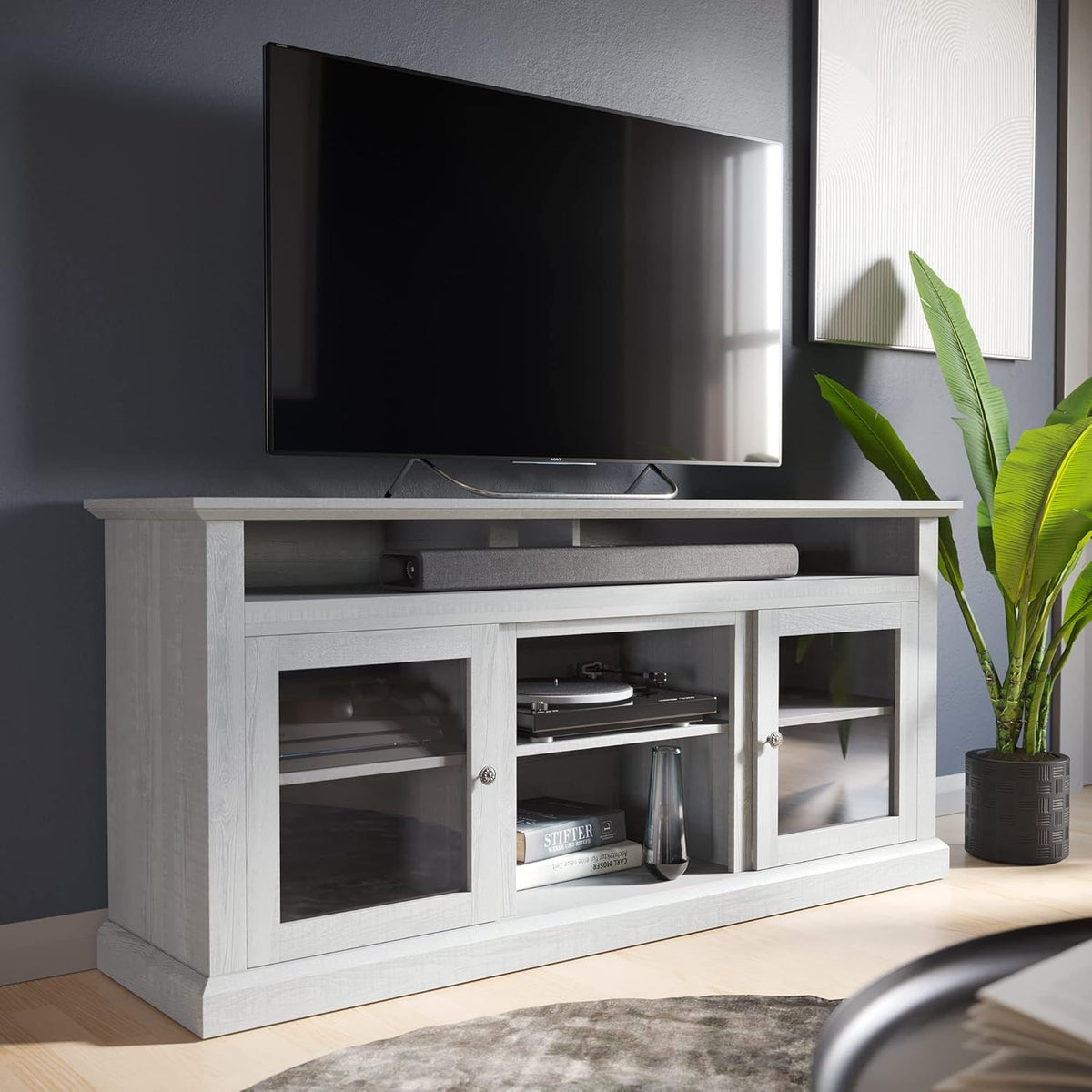 Light Gray Electric Fireplace TV Stand with Open Storage Shelves & Cabinets D584155