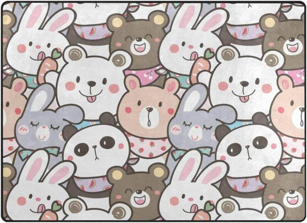 Panda and Bunny Illustration Design Area Rug, 80"x 58" Washable Non Slip Soft Carpet U7871