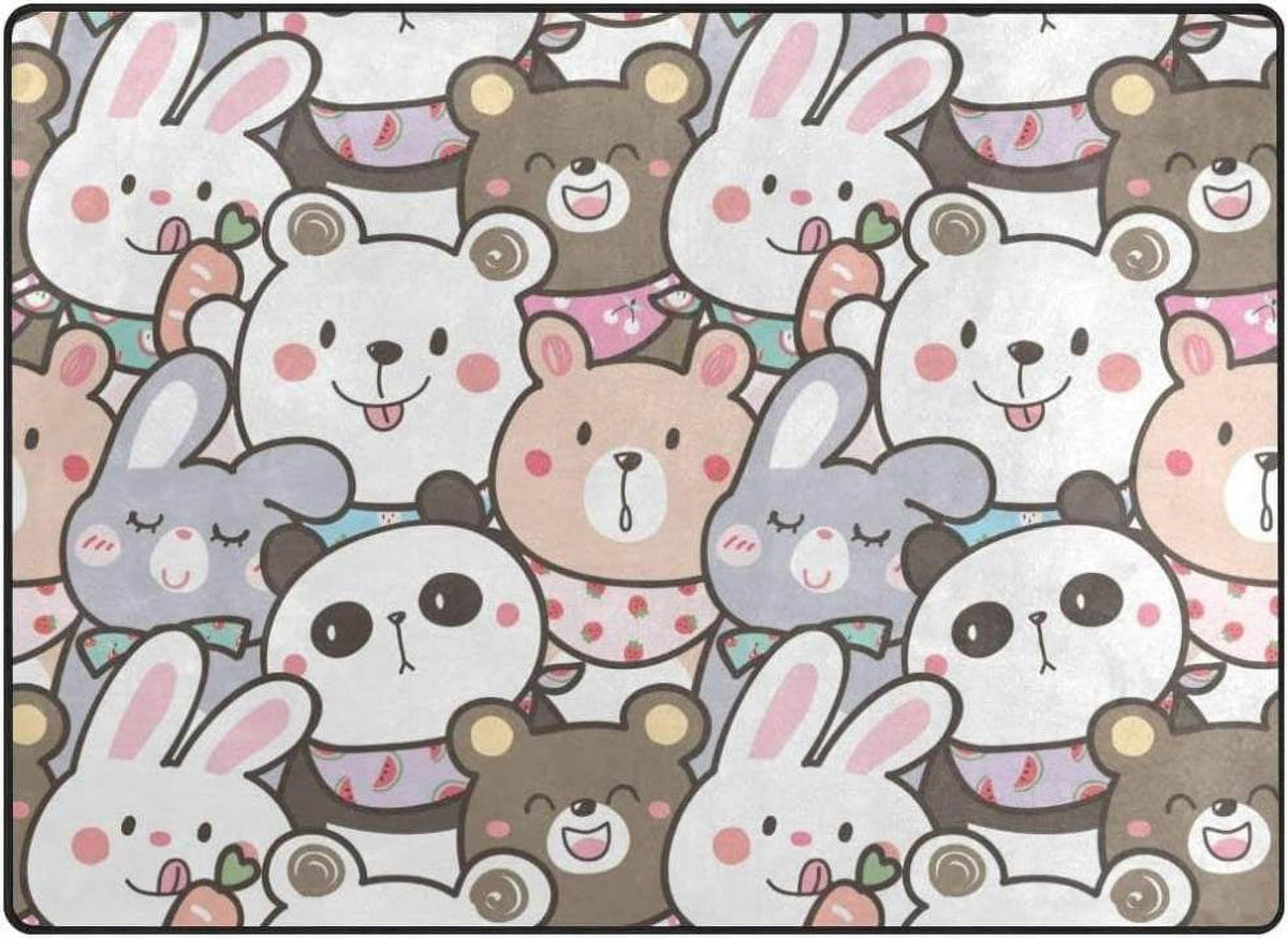 Panda and Bunny Illustration Design Area Rug, 80"x 58" Washable Non Slip Soft Carpet U7871