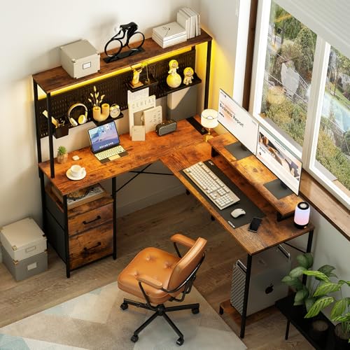 L Shaped Gaming Desk with LED Lights & Power Outlets T2623