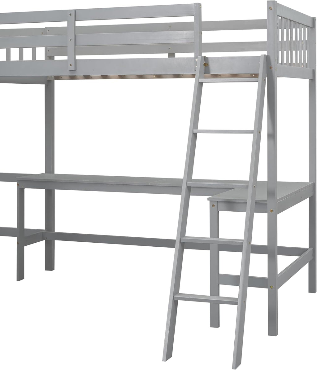Gray Twin Size L-Shaped Loft Bed with Ladder and 2 Built-in Desks G1602