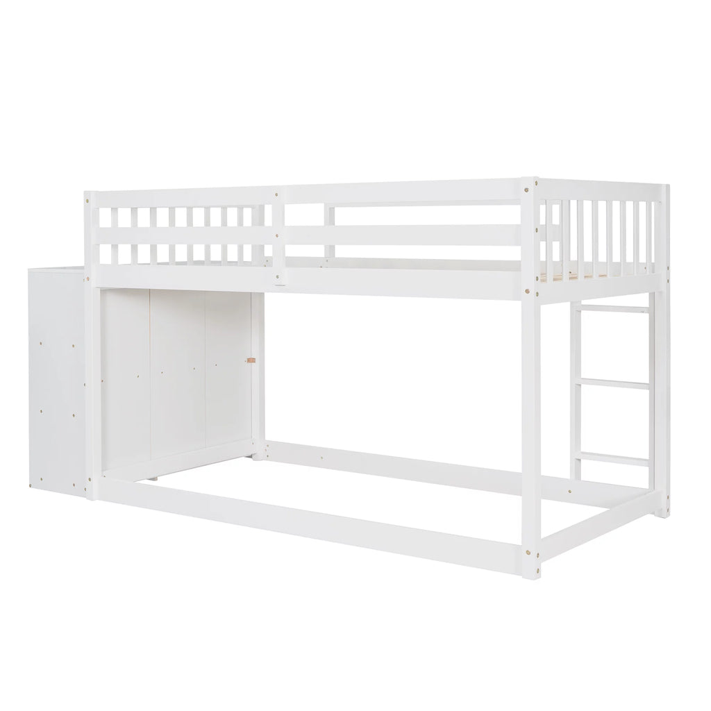 White Wood Twin Over Twin Bunk Bed with Storage Y258