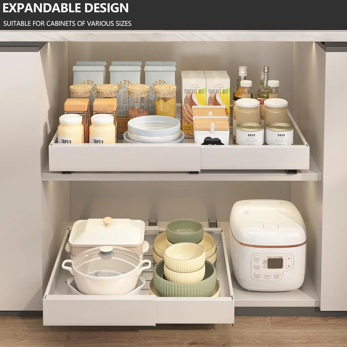 2Pack Expandable Pull Out Cabinet Organizer 21 Inch Deep White R5056